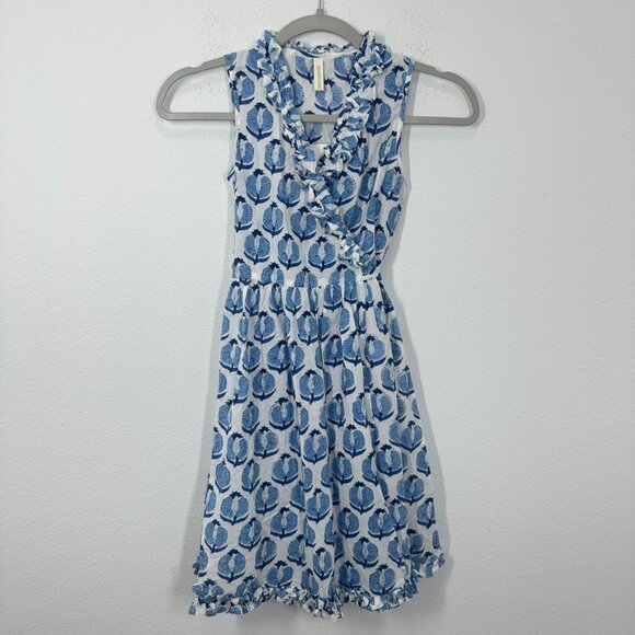 Anokhi Girls Blue White Floral Cotton Lightweight Wrap Dress Summer Casual NWT